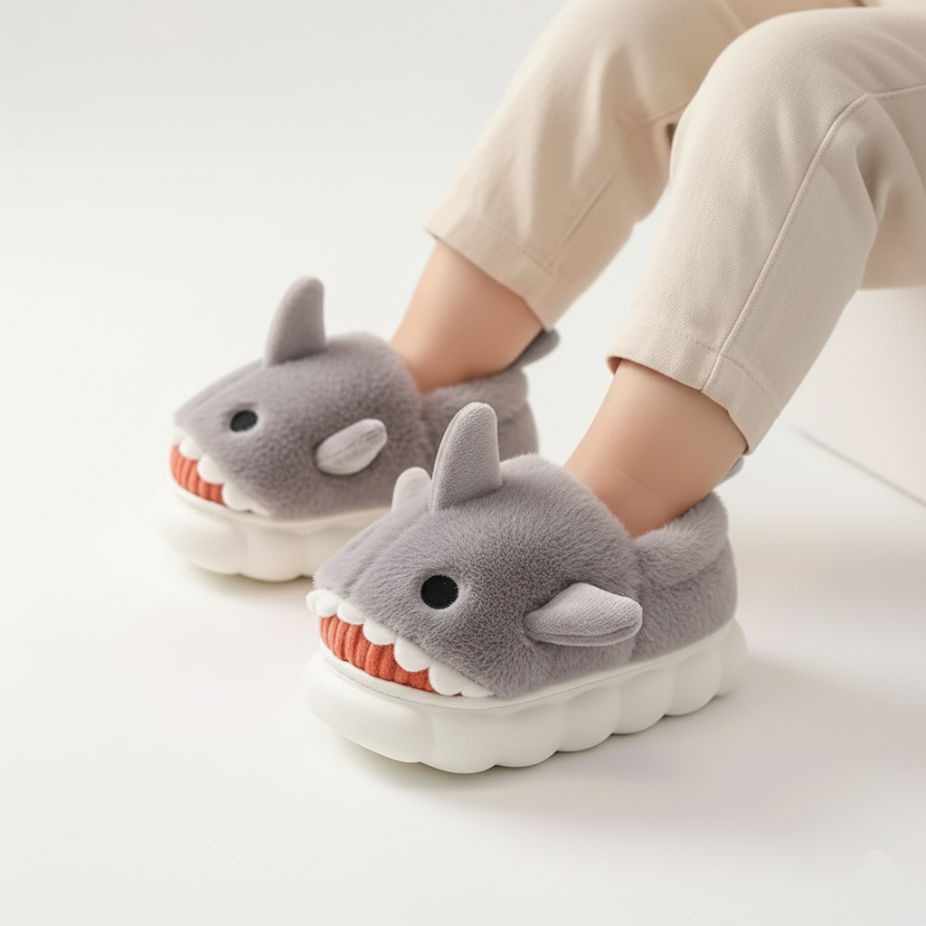 Plush Shark Slippers – Warm & Non-Slip (Ages 3–14)