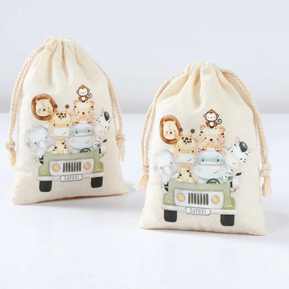Set of 6 cotton canvas bags with multi-variant animals