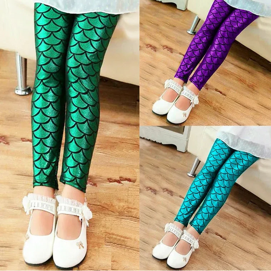 Girls Shiny Mermaid Leggings – Colorful Stretch Pants
