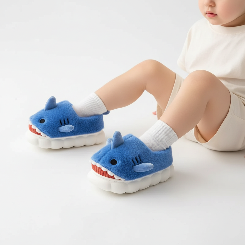 Plush Shark Slippers – Warm & Non-Slip (Ages 3–14)