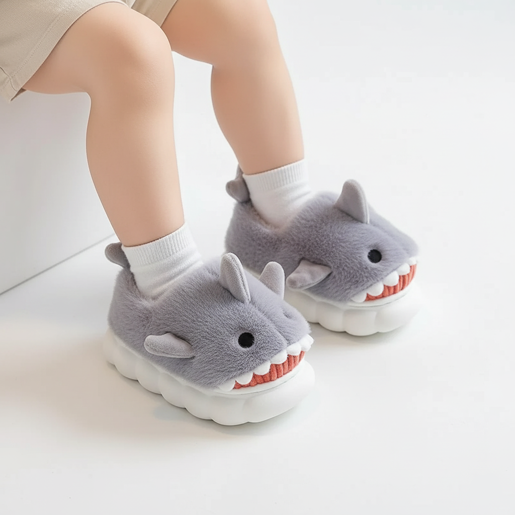Plush Shark Slippers – Warm & Non-Slip (Ages 3–14)