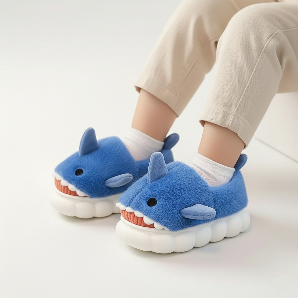 Plush Shark Slippers – Warm & Non-Slip (Ages 3–14)