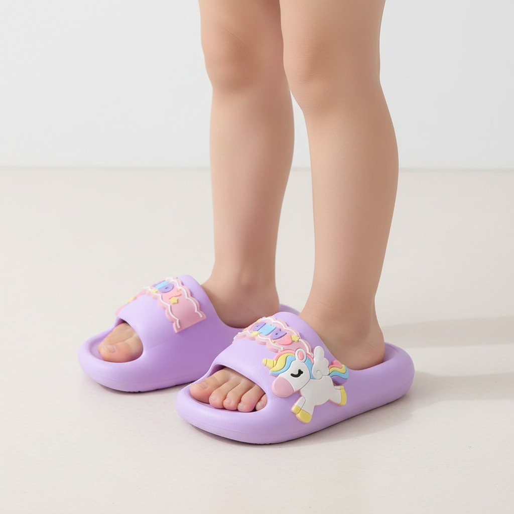 Pantoufles licorne arc-en-ciel ultra douces en EVA, pour enfants de 0 à 3 ans.