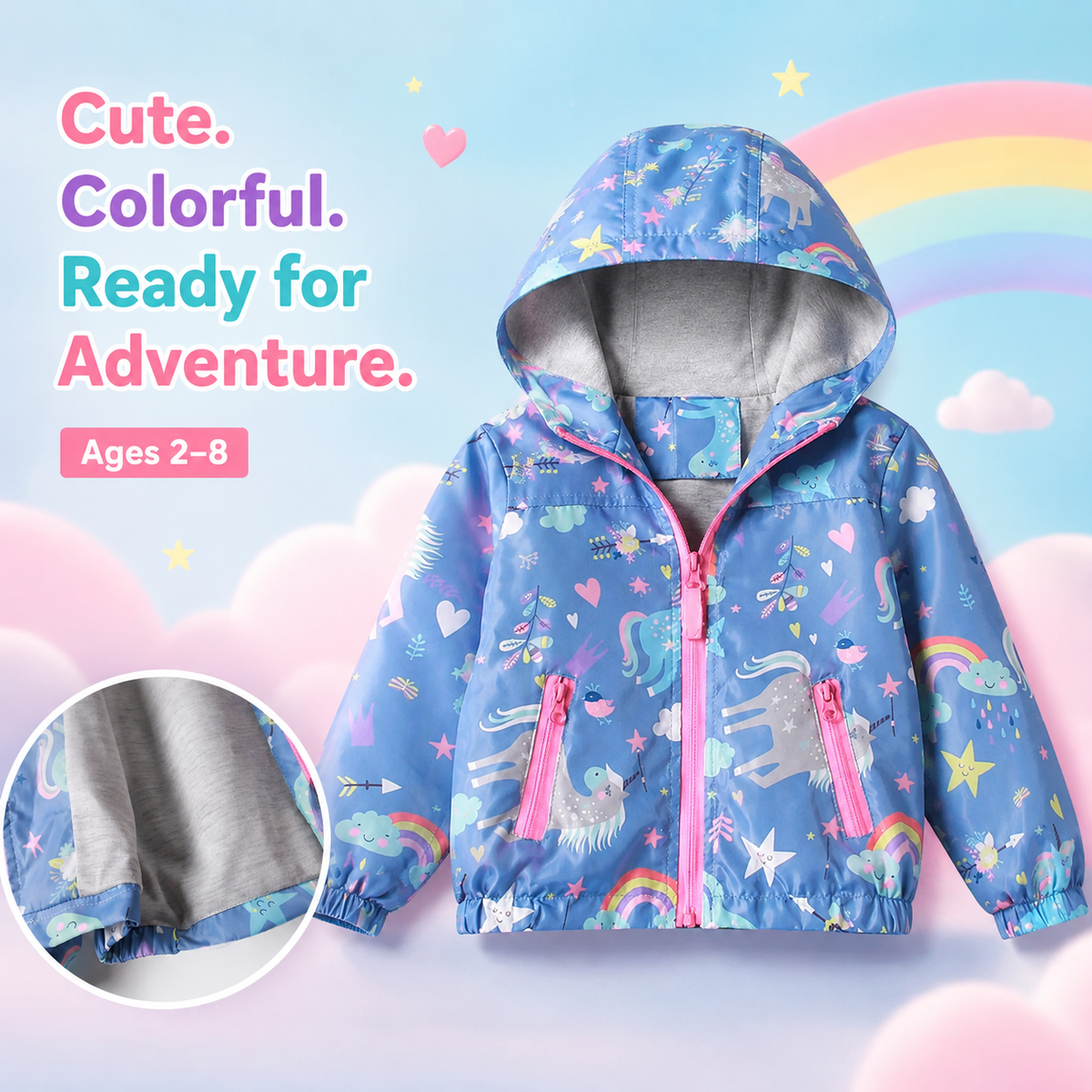 Giacca con cappuccio unicorno arcobaleno per bambine – Età 2-8 anni