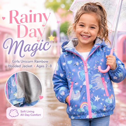 Girls Unicorn Rainbow Hooded Jacket – Ages 2–8