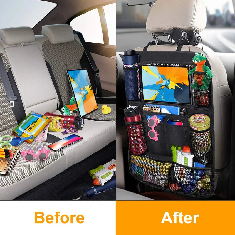 Organizador para asiento trasero de coche con soporte para tableta y pantalla táctil multivariante