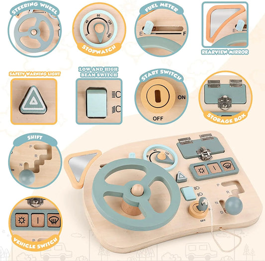 Tablero de instrumentos de coche de tableta sensorial de madera Montessori para niños 