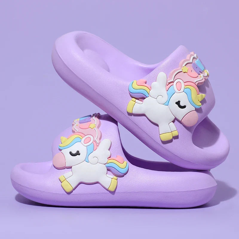 Pantoufles licorne arc-en-ciel ultra douces en EVA, pour enfants de 0 à 3 ans.