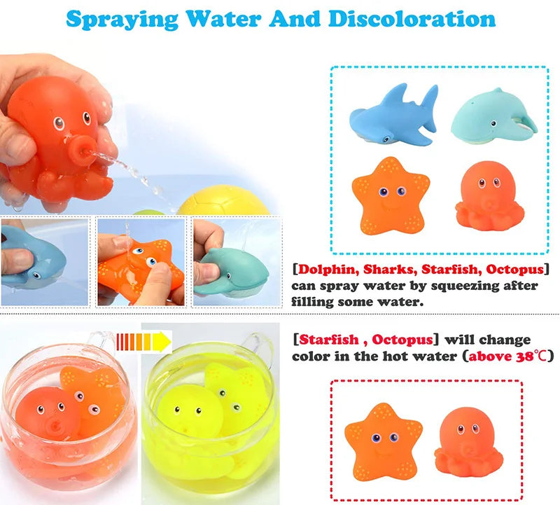 Set de juguetes de baño 6 animales flotantes + red