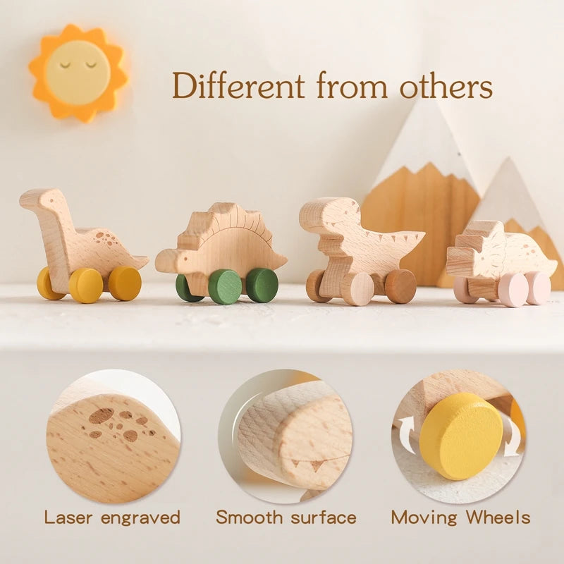 1 pc Beech Wood Montessori Toy Dinosaur with wheels multivariant