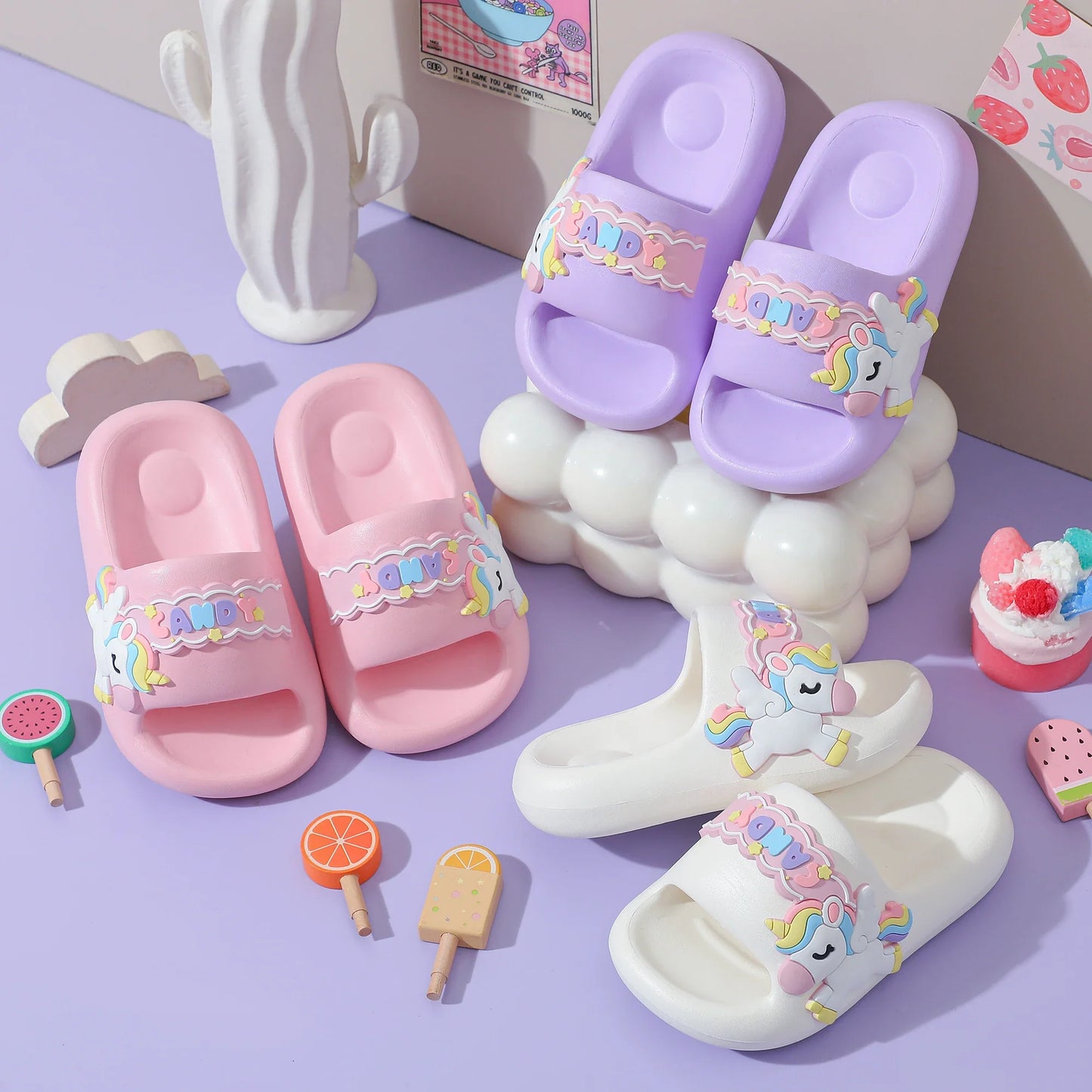 Pantoufles licorne arc-en-ciel ultra douces en EVA, pour enfants de 0 à 3 ans.