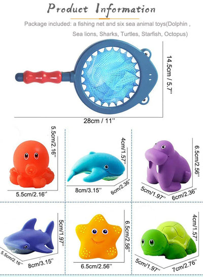 Bath Toy Set 6 Floating Animals + Net