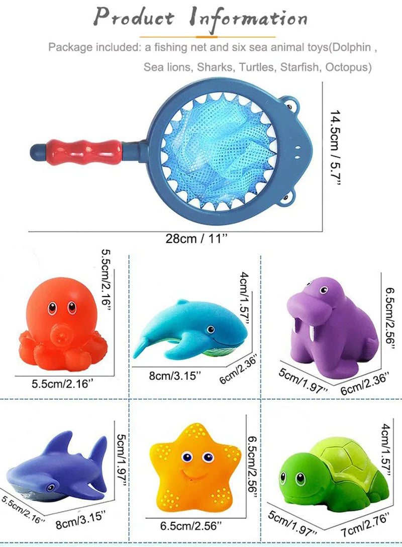 Bath Toy Set 6 Floating Animals + Net