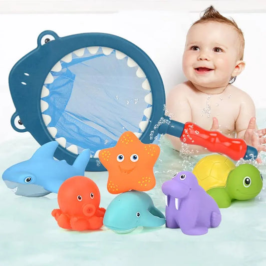 Set de juguetes de baño 6 animales flotantes + red