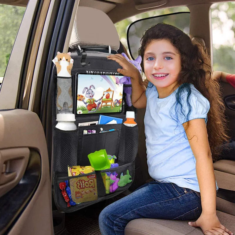 Organizador para asiento trasero de coche con soporte para tableta y pantalla táctil multivariante