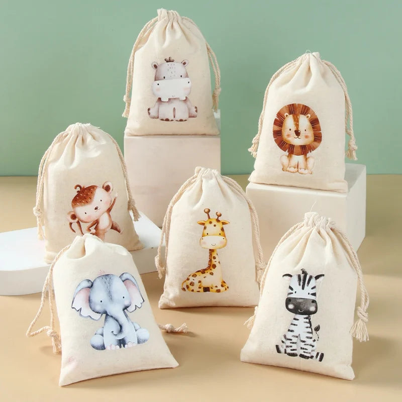 Set of 6 cotton canvas bags with multi-variant animals