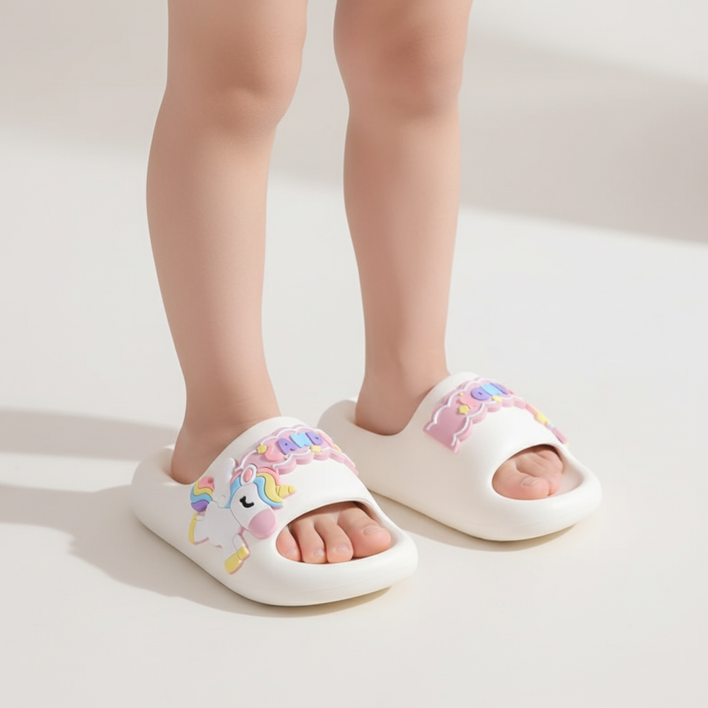 Pantoufles licorne arc-en-ciel ultra douces en EVA, pour enfants de 0 à 3 ans.