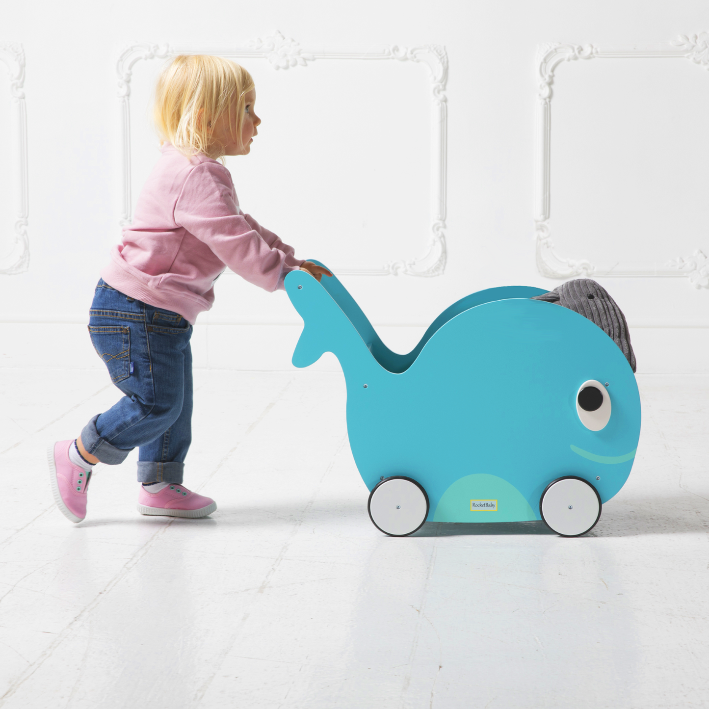 Giocattolo da spingere e contenitore per giocattoli per bambini, Balena, verde estivo