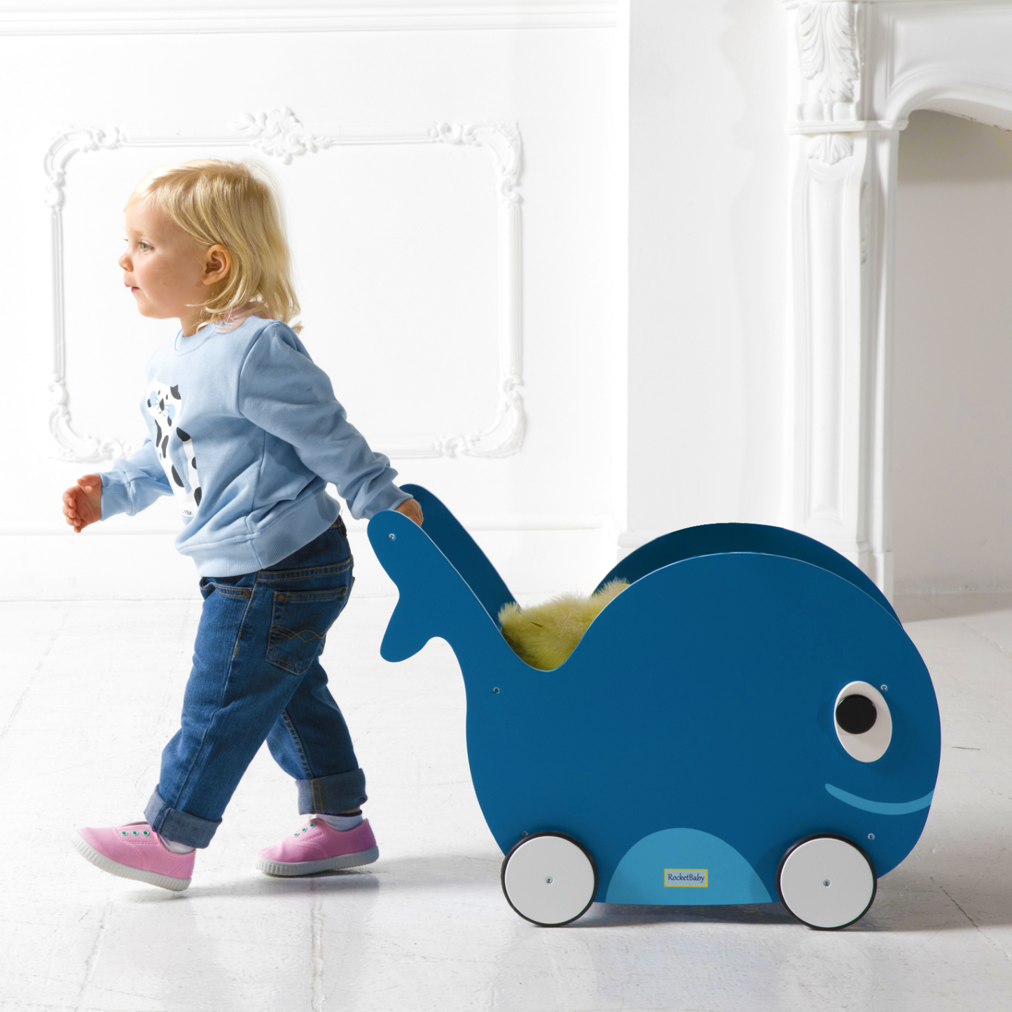 Juguete para empujar y guardar juguetes para niños pequeños Whale Universe Blue