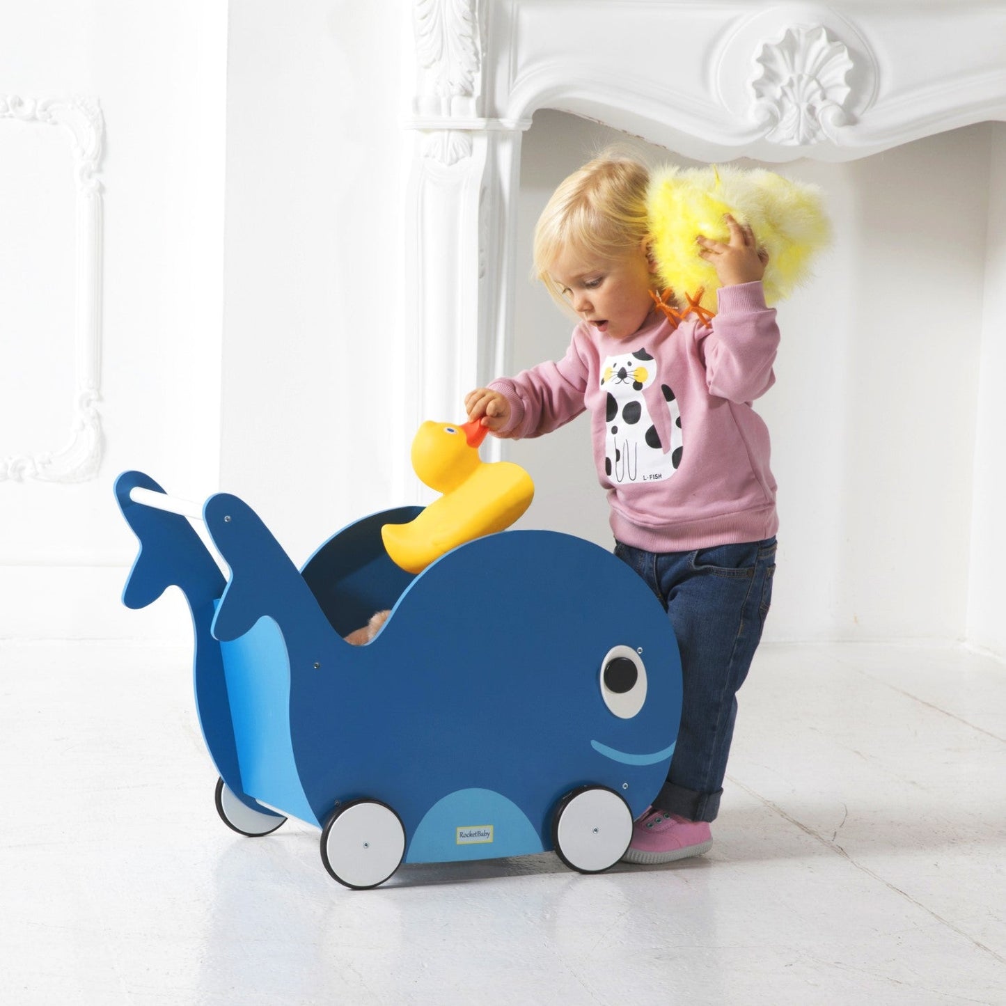 Juguete para empujar y guardar juguetes para niños pequeños Whale Universe Blue