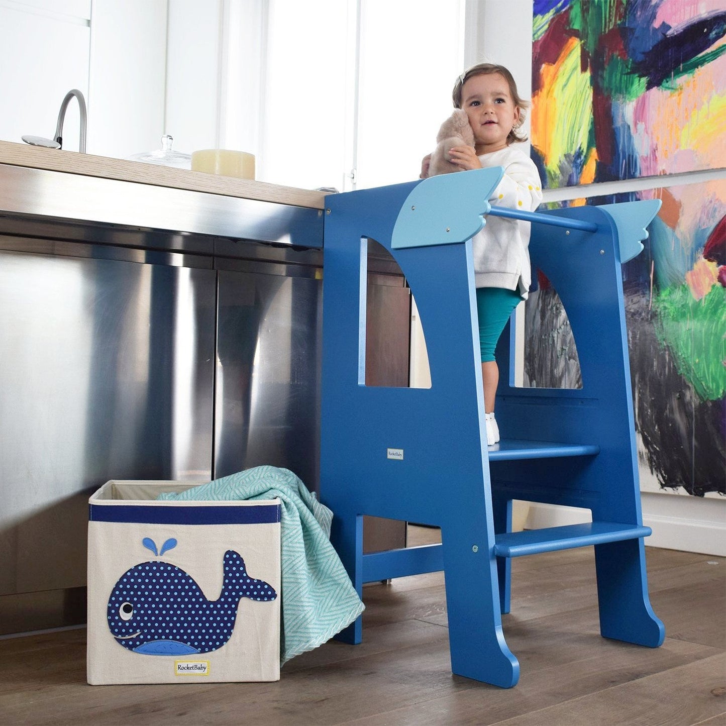 Step Stool Montessori Tower Blue Universe