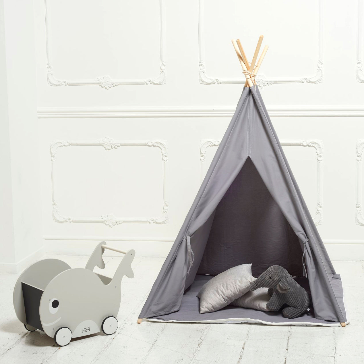 Teepee Play Tent White Grey with Cushion