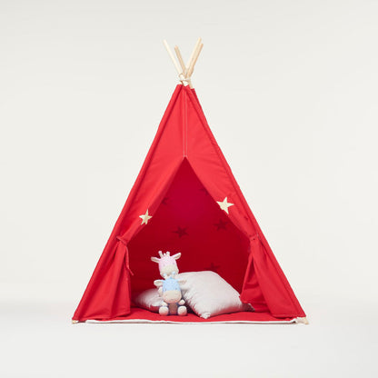 Tenda da gioco Teepee rossa e stelle fluorescenti con cuscino