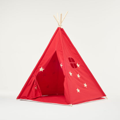 Tenda da gioco Teepee rossa e stelle fluorescenti con cuscino