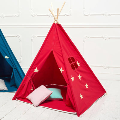 Teepee Play Tent Red and Fluorescent Stars with Cushion