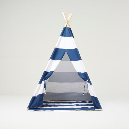 Teepee Play Tent White Blue and White Stripes with Cushion