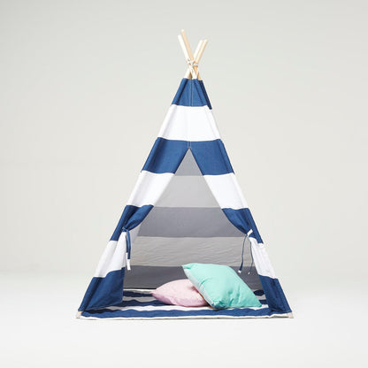 Tenda da gioco Teepee a strisce blu e bianche con cuscino