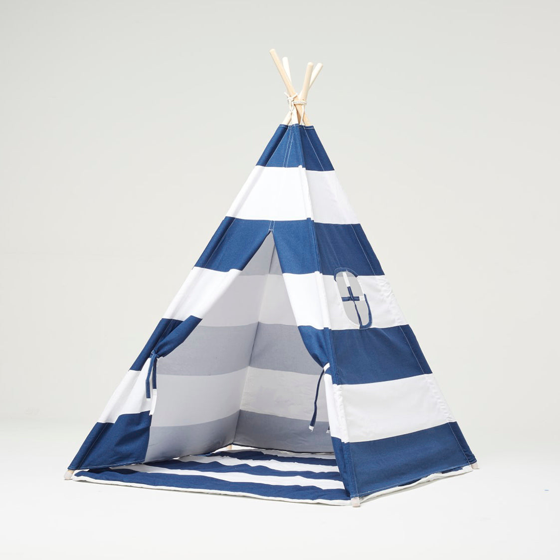 Tenda da gioco Teepee a strisce blu e bianche con cuscino