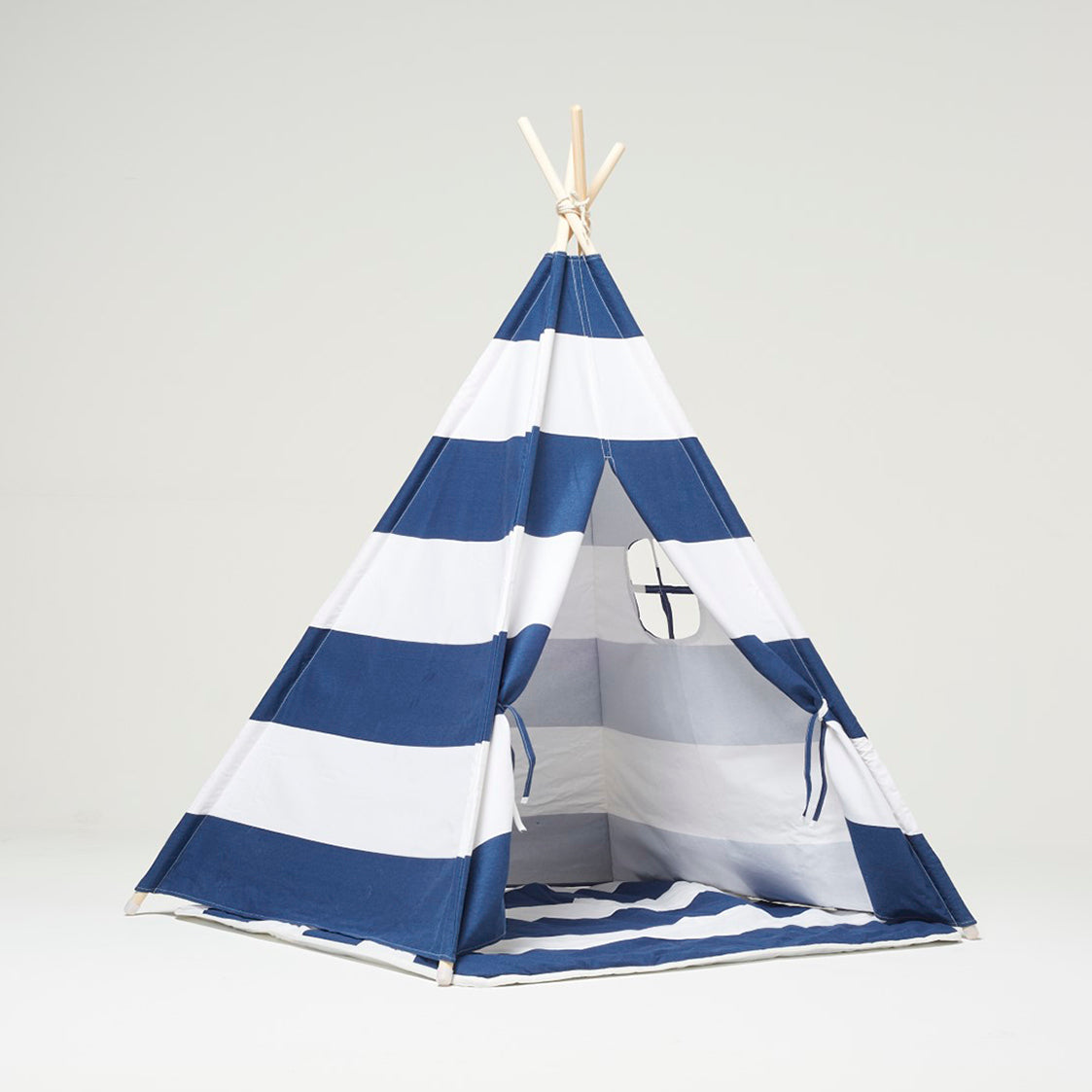 Tenda da gioco Teepee a strisce blu e bianche con cuscino
