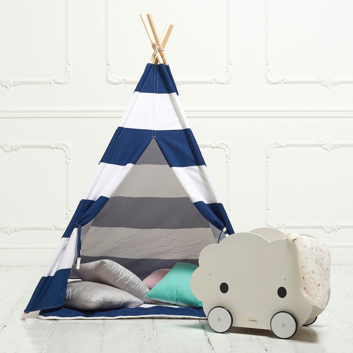 Tenda da gioco Teepee a strisce blu e bianche con cuscino