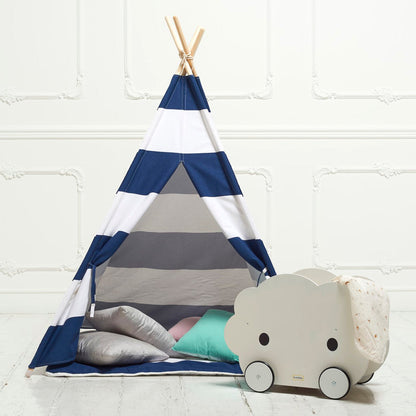 Tenda da gioco Teepee a strisce blu e bianche con cuscino