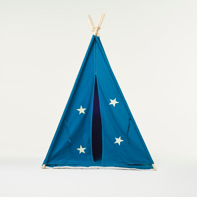 Teepee Play Tent Blue and Fluorescent Stars with Cushion
