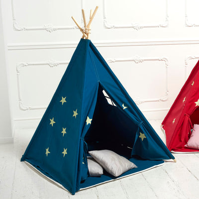 Teepee Play Tent Blue and Fluorescent Stars with Cushion