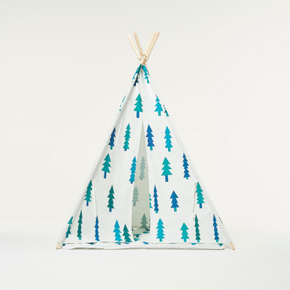 Tienda de juegos tipi blanca con árboles y cojín