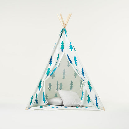 Tienda de juegos tipi blanca con árboles y cojín