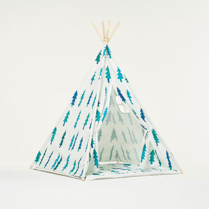 Tienda de juegos tipi blanca con árboles y cojín