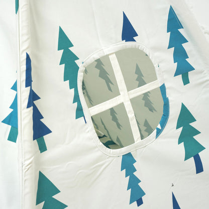 Tienda de juegos tipi blanca con árboles y cojín
